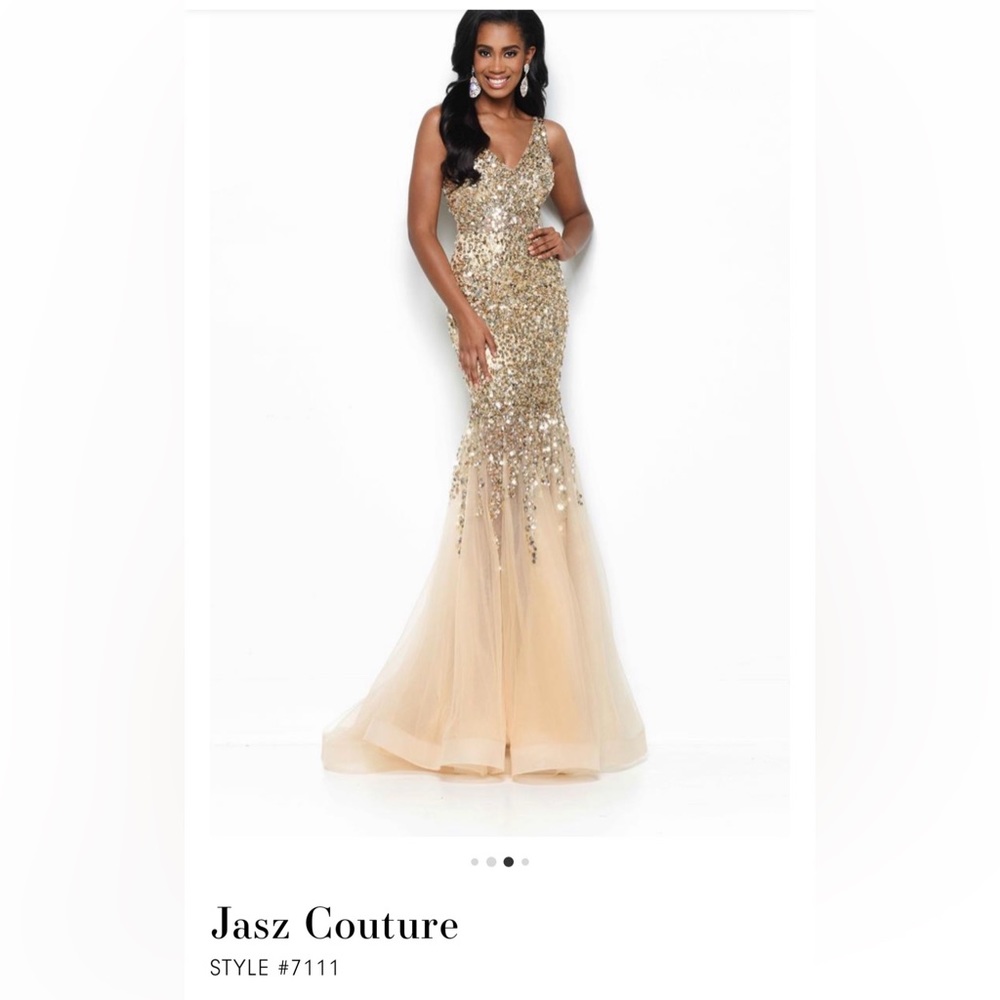 Jasz Couture 7111 Gold Sequin Mermaid Prom Dress Size 12 Formal Evening Gown